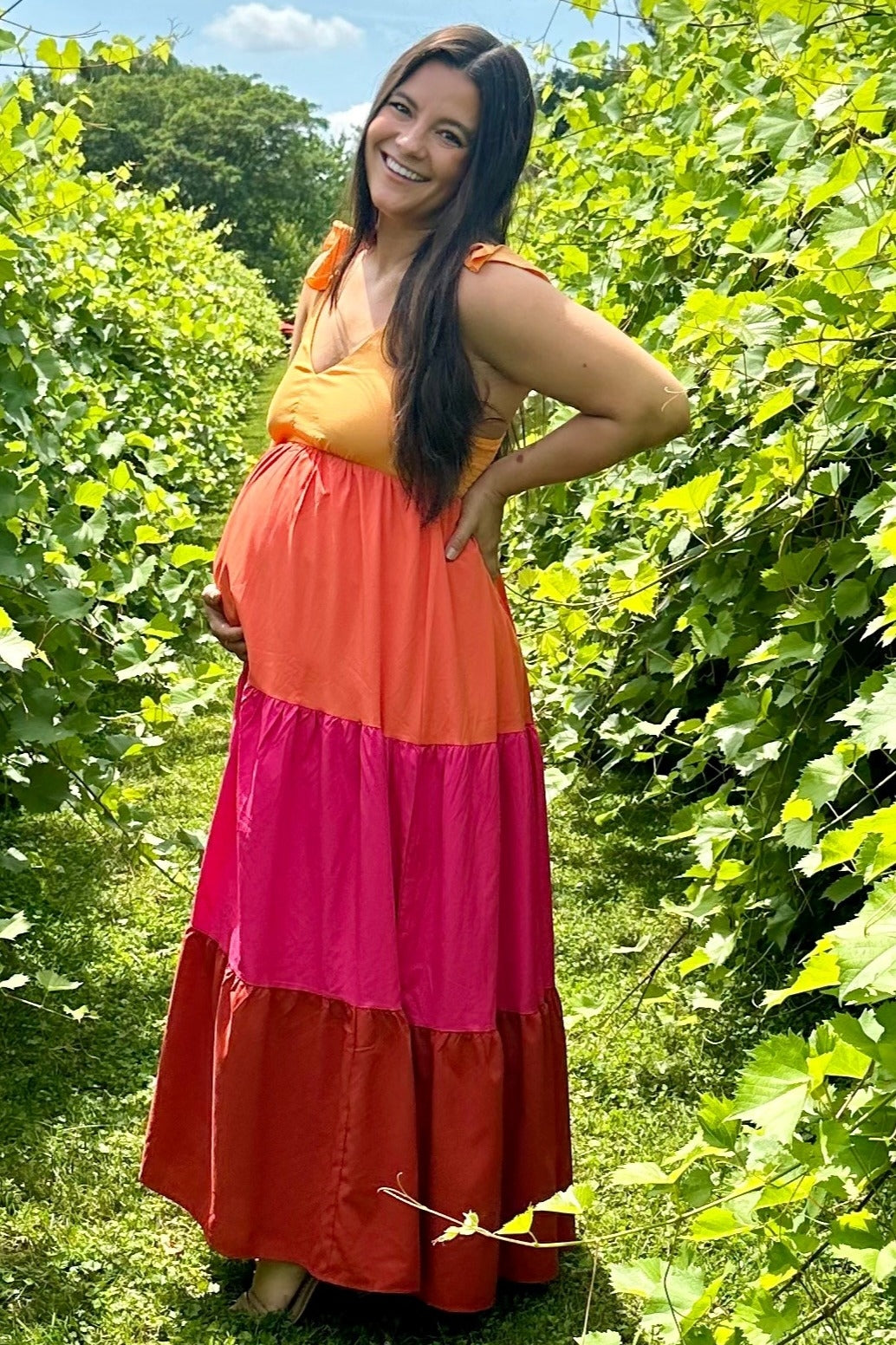 Orange Colorblock Tiered Ruffle Strap Maternity Maxi Dress