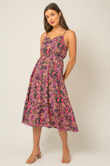 Hunter Green Floral Sleeveless Tiered Floral Print Midi Dress
