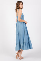 Blue Chambray Sleeveless Ruffle Hem Midi Dress