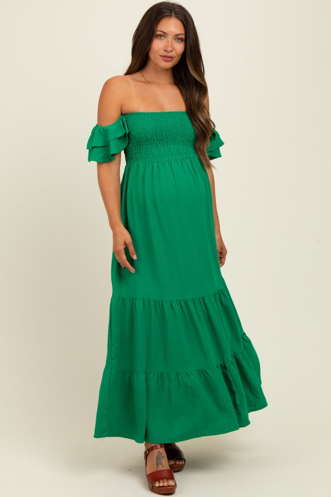 Kelly Green Solid Flared Sleeve Long Tiered Maternity Dress