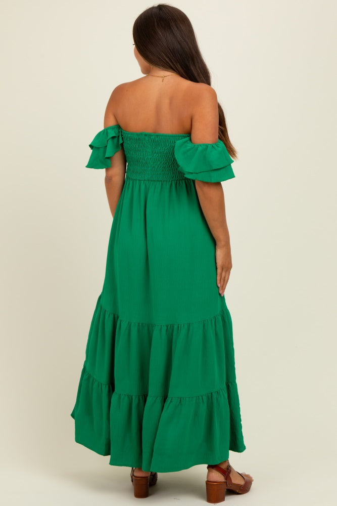 Kelly Green Solid Flared Sleeve Long Tiered Maternity Dress