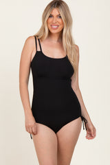 Black Ribbed Side Tie One Piece Swimsuit