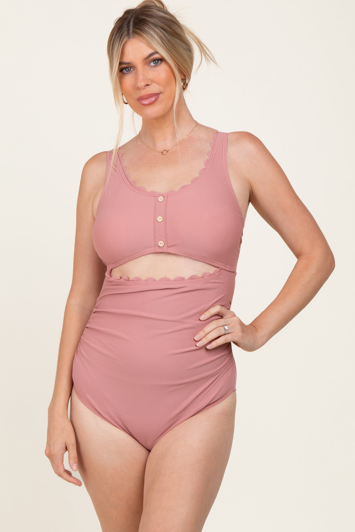 Mauve Scalloped Cutout Ruched Maternity One Piece Swimsuit