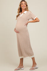 Beige Collared Knit Maxi Maternity Dress