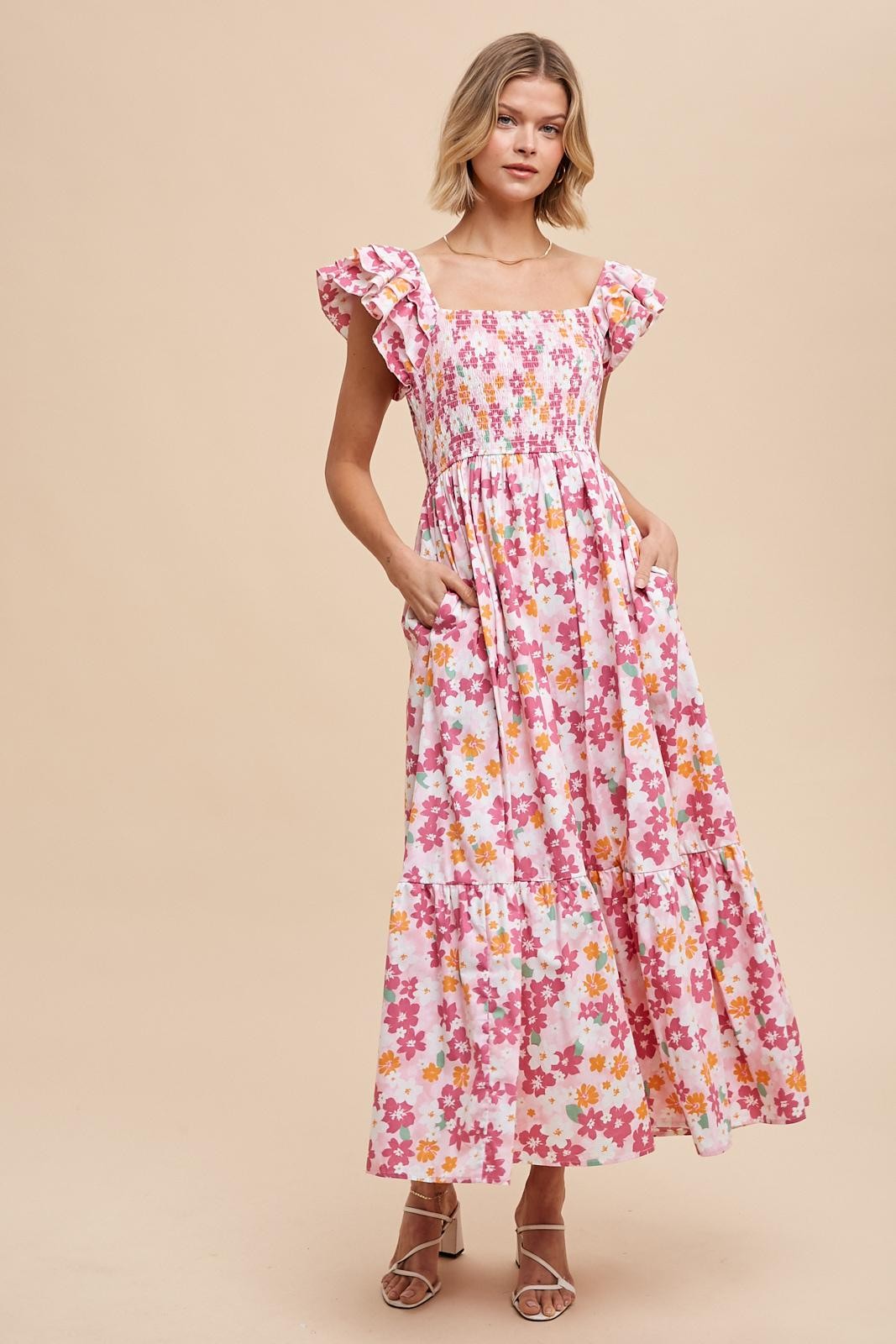 Pink Floral Smocked Ruffle Sleeve Maternity Maxi Dress