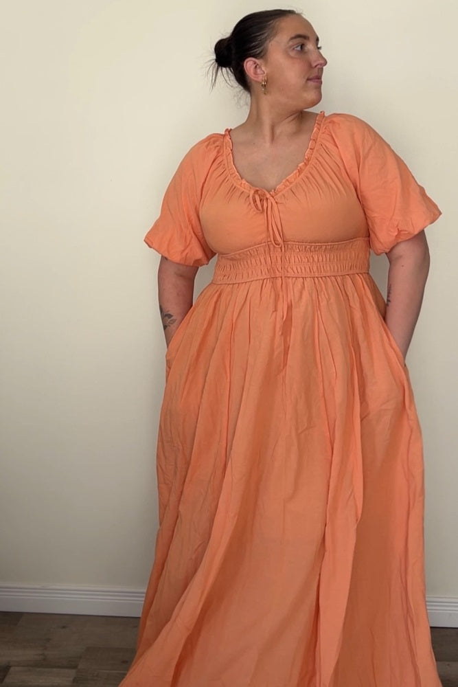 Peach Smocked Puff Sleeve Maxi Dress