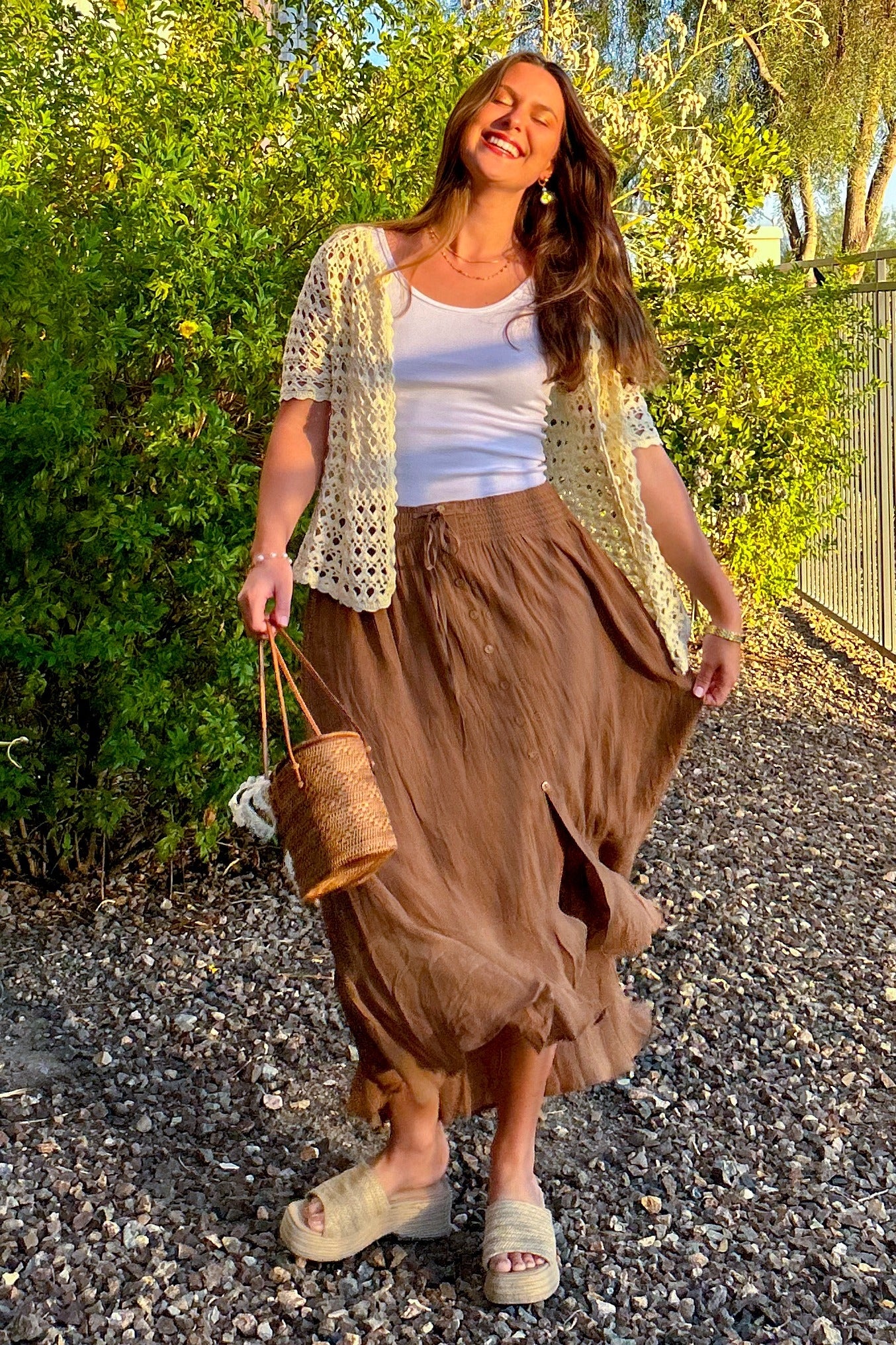 Hazelnut Button-Up Midi Skirt With Drawstring