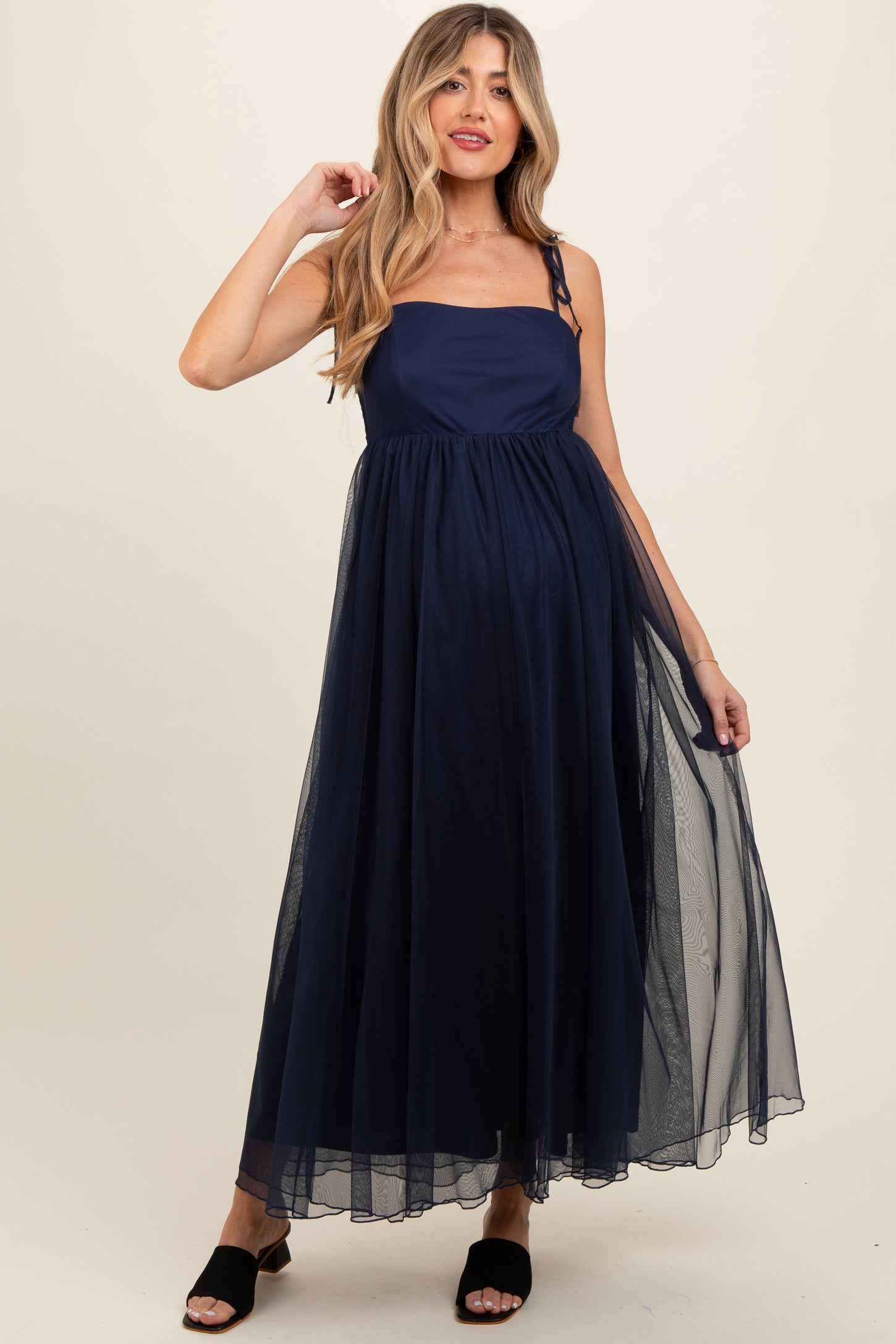 Navy Blue Square Neck Shoulder Tie Tulle Maternity Maxi Dress