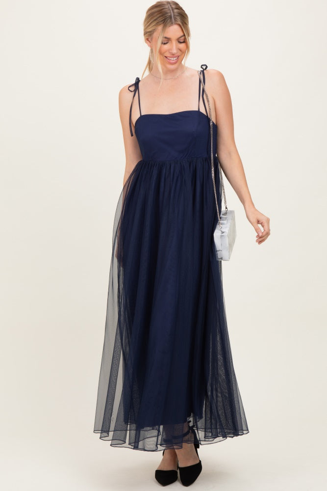Navy Blue Square Neck Shoulder Tie Tulle Maxi Dress
