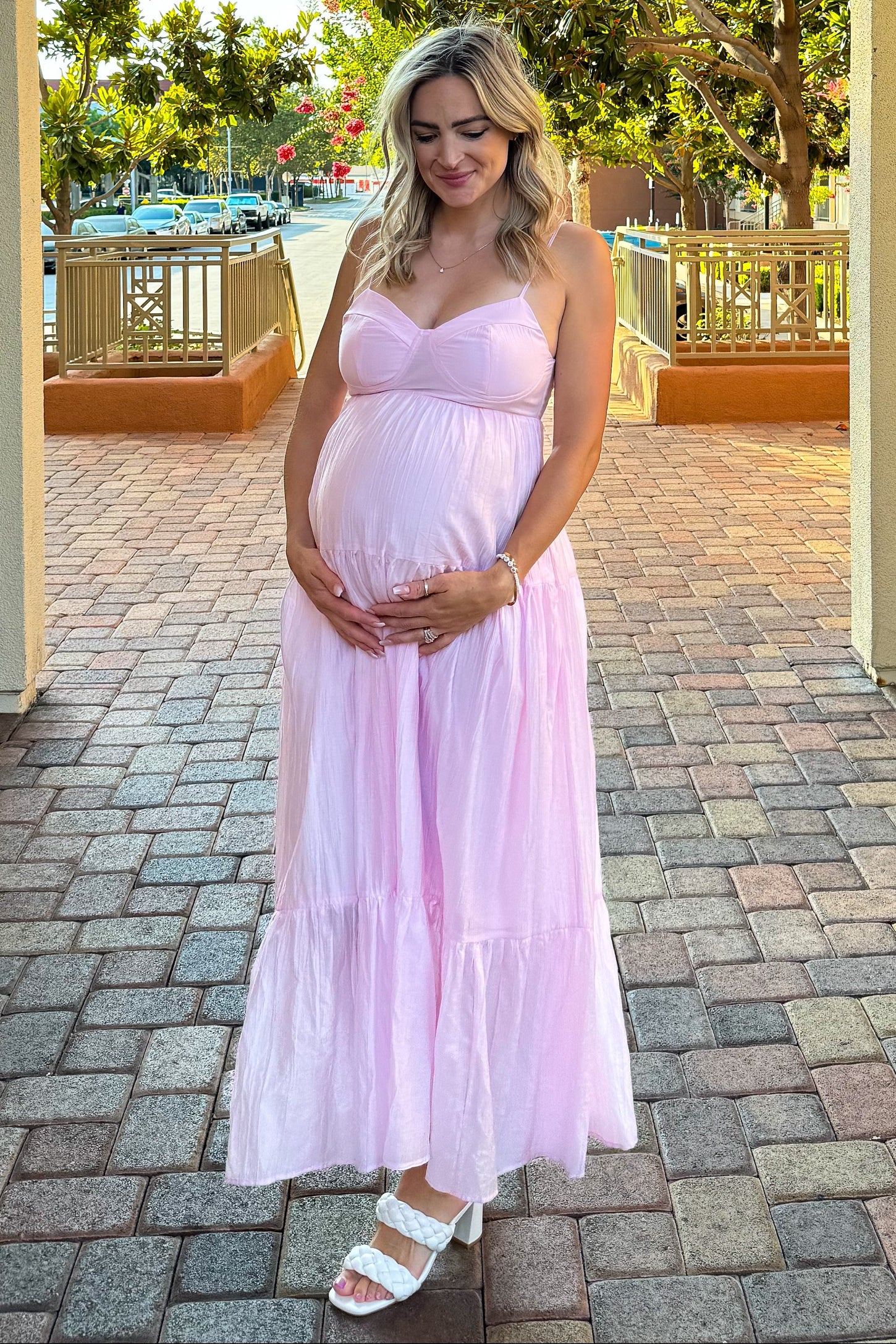 Light Pink Sleeveless Tiered Maternity Maxi Dress