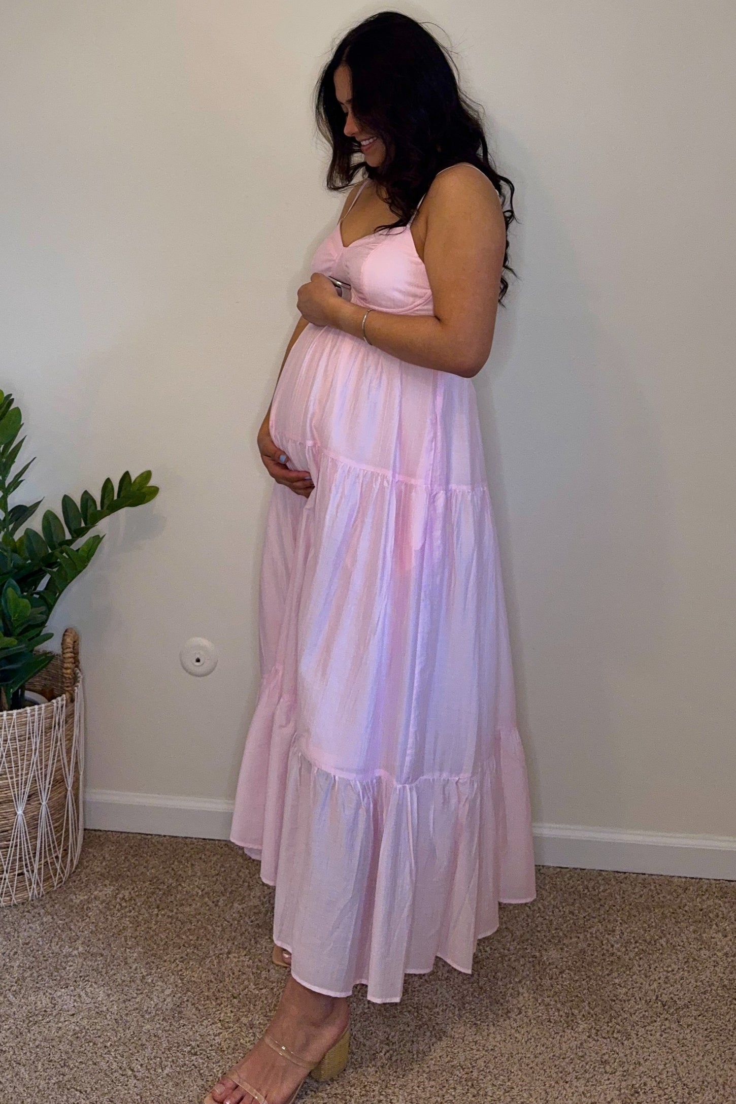 Light Pink Sleeveless Tiered Maternity Maxi Dress