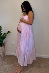 Light Pink Sleeveless Tiered Maternity Maxi Dress