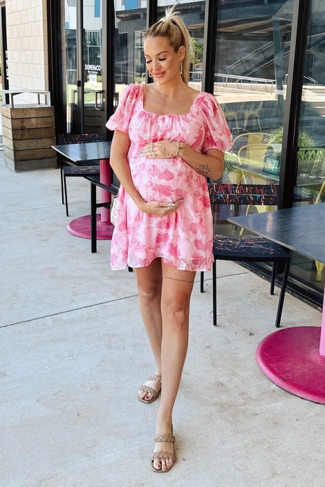Pink Floral Puff Sleeve Maternity Mini Dress