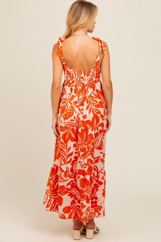Orange Tropical Floral Shoulder Tie Tiered Midi Dress