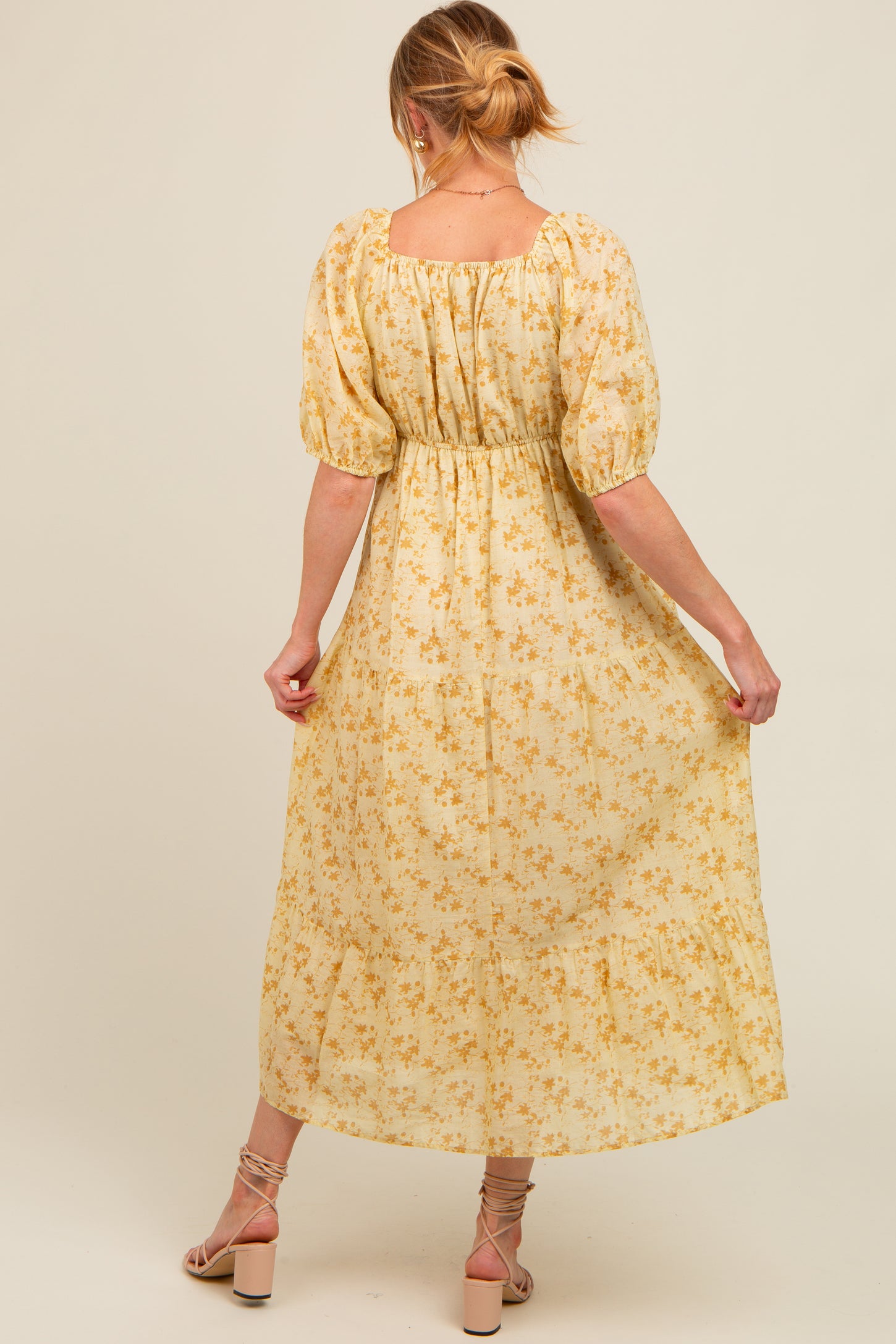 Yellow Floral V-Neck Tiered Maternity Midi Dress