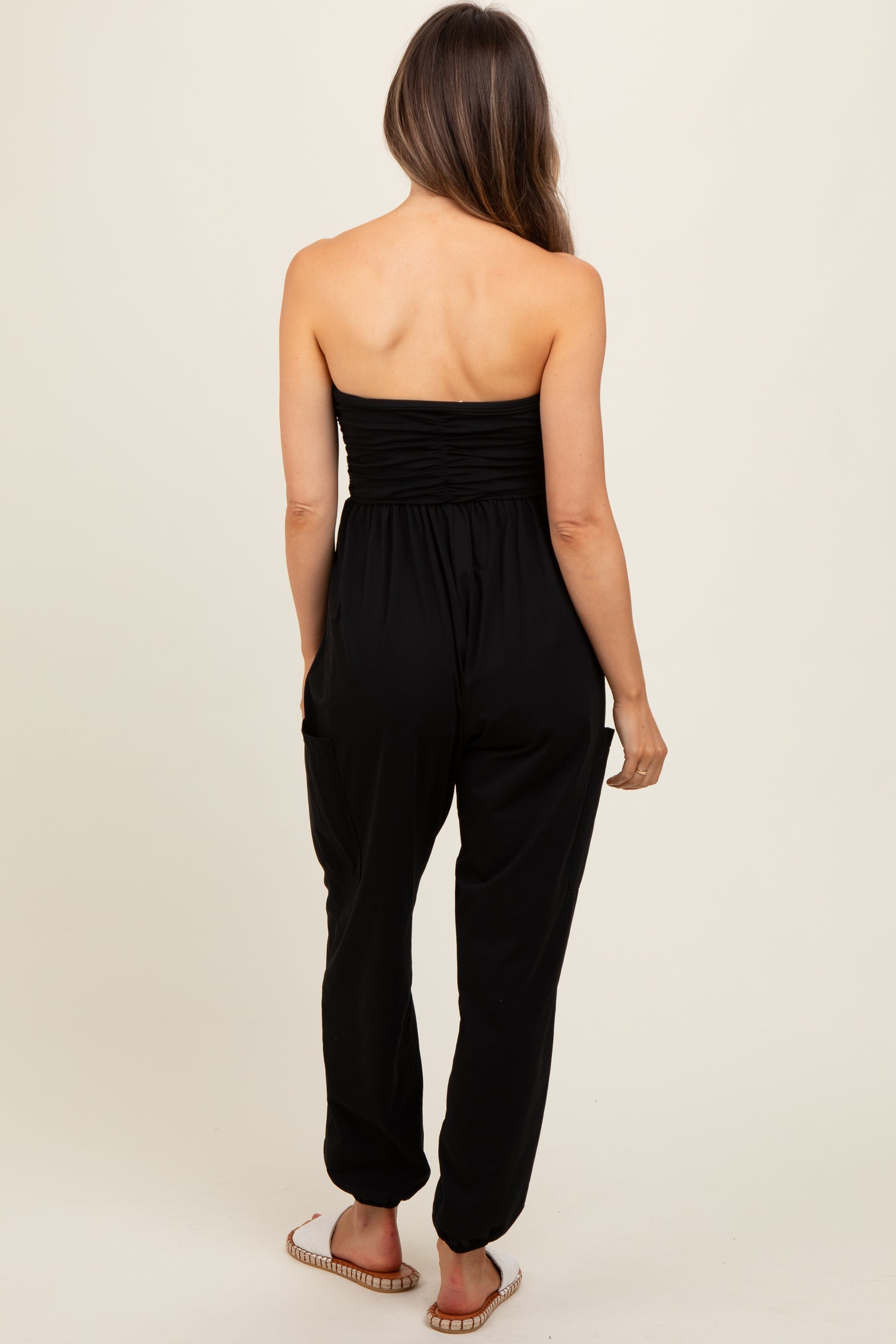 Black Strapless Ruched Top Maternity Jumpsuit