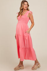 Coral Smocked Sleeveless Drawstring Shoulder Tiered Maternity Midi Dress