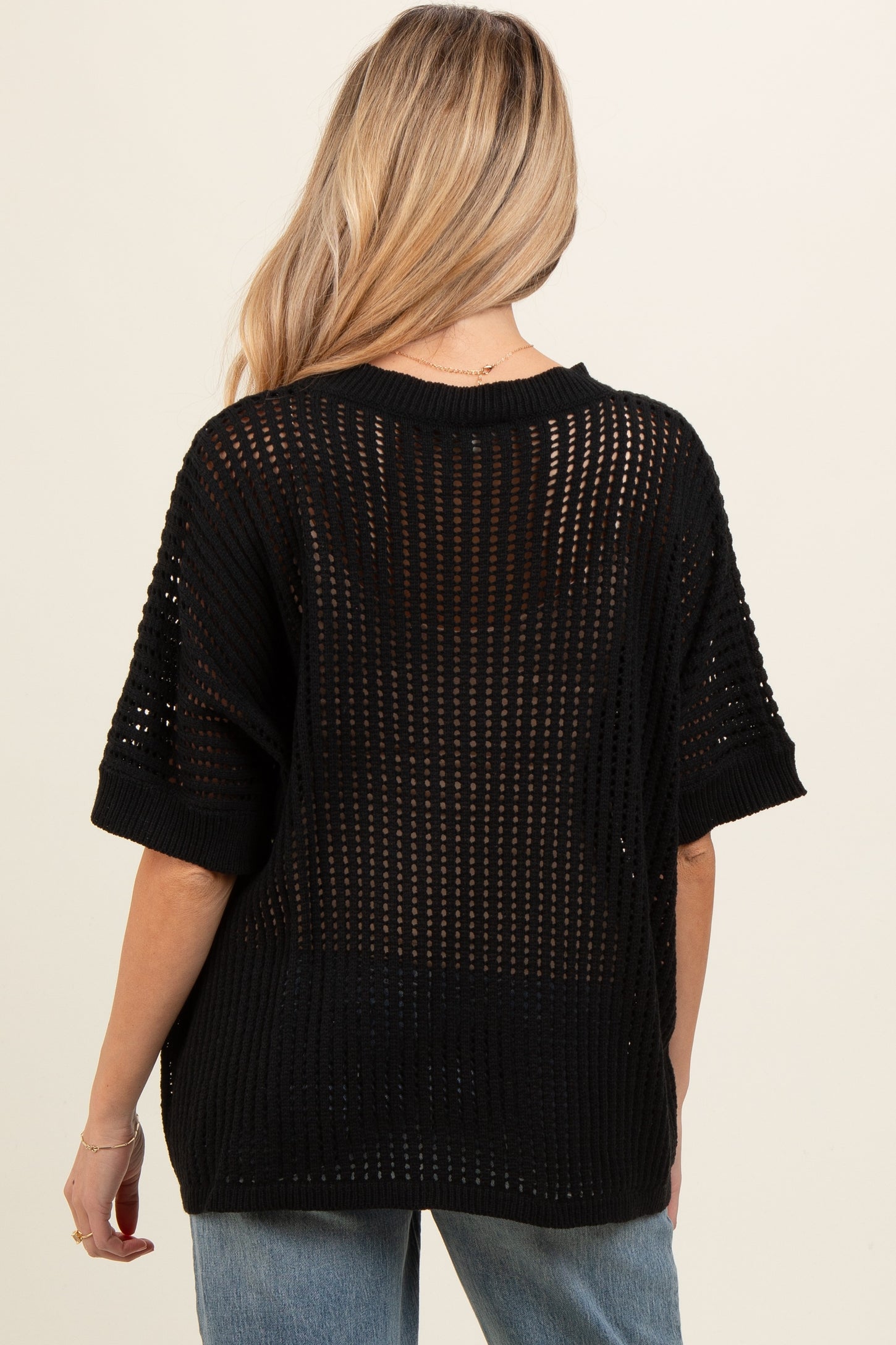 Black Crochet Knit Short Dolman Sleeve Maternity Top
