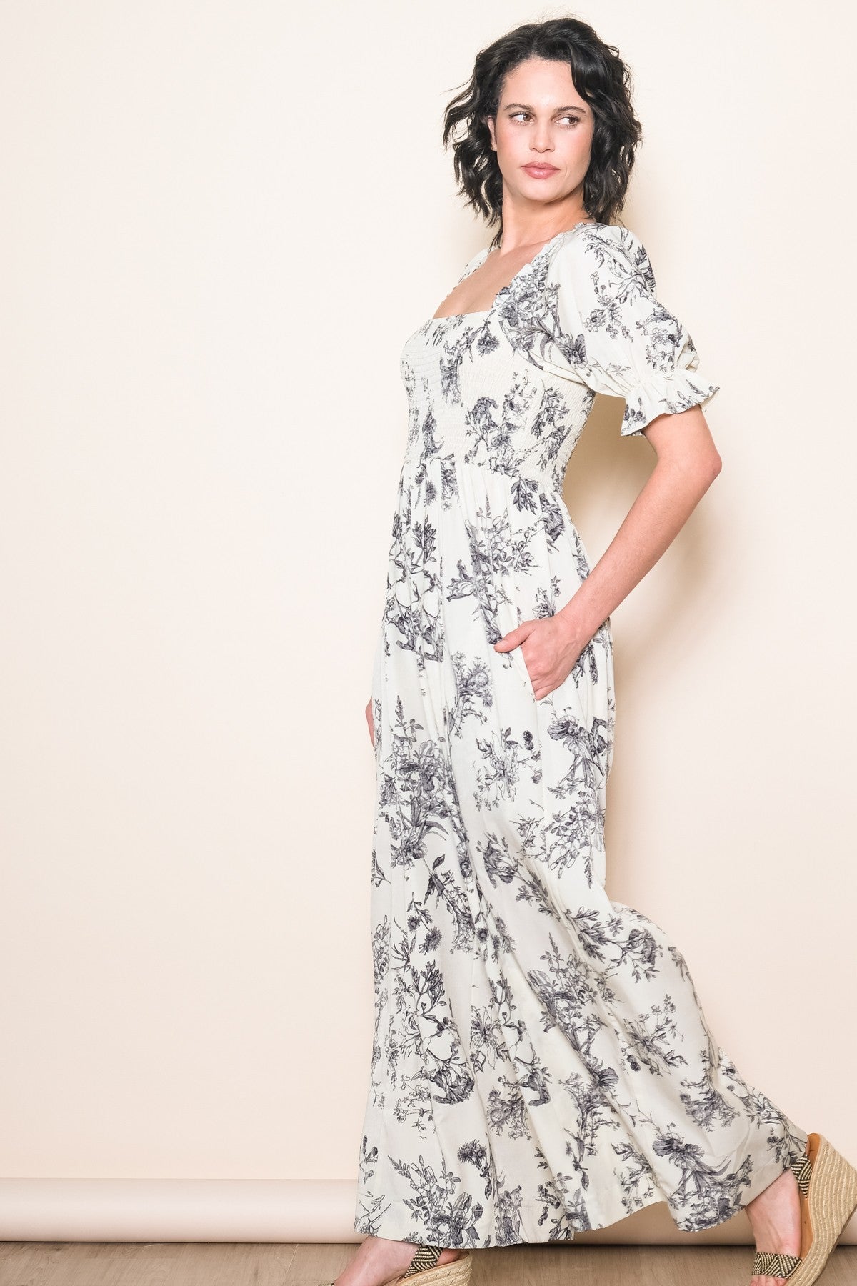 White Floral Smocked Square Neck Wide Leg Jumpsuit