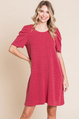 Burgundy Washed Ribbed Puff Sleeve Dress