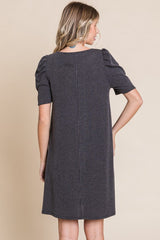 Charcoal Washed Ribbed Puff Sleeve Dress