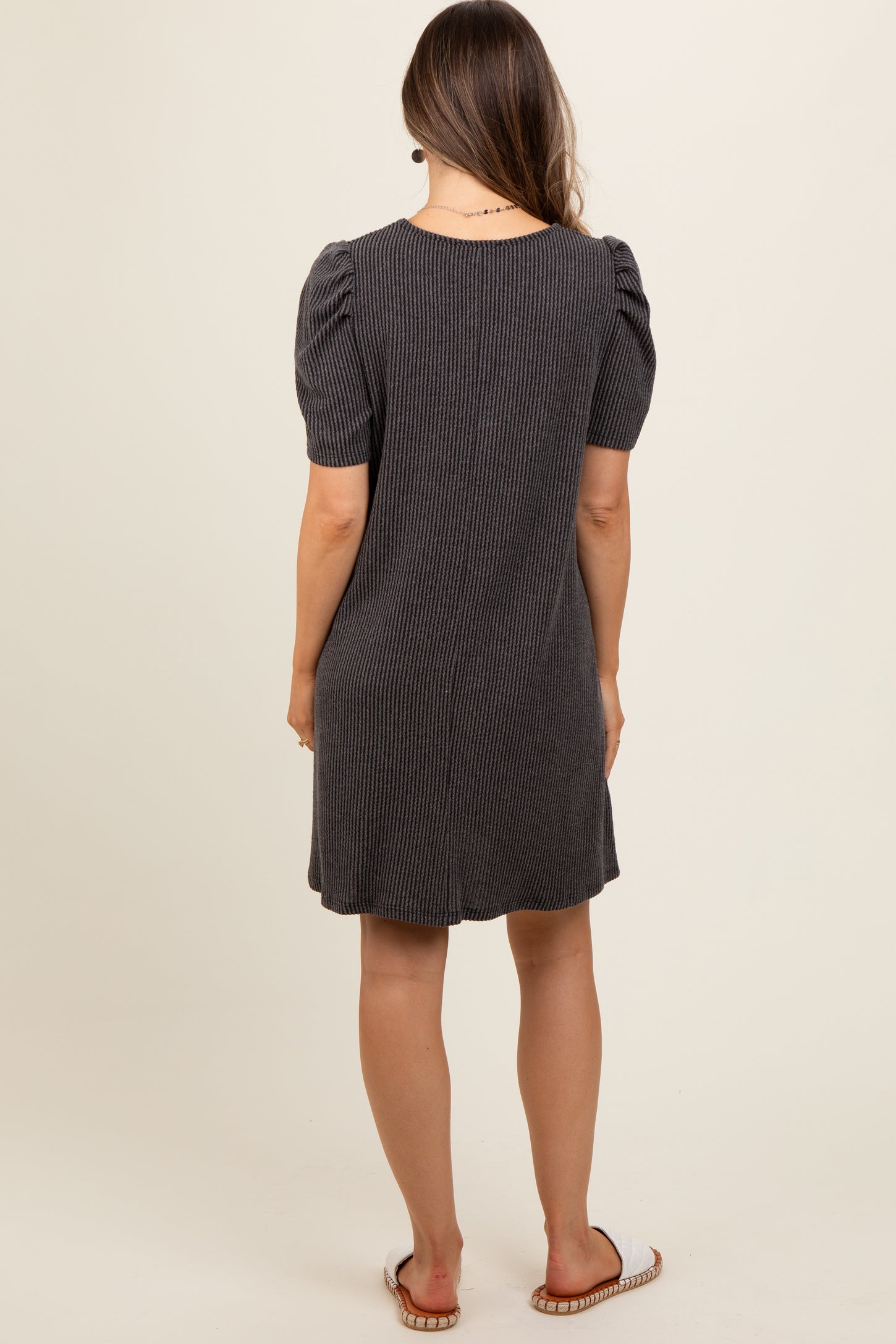 Charcoal Washed Ribbed Puff Sleeve Maternity Dress
