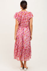 Pink Floral Chiffon Flutter Sleeve Ruffle Hem Midi Dress