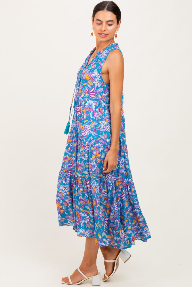 Teal Floral Ruffle Mock Neck Tiered Sleeveless Midi Dress