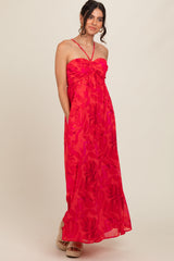 Red Tonal Floral Halter Maxi Dress