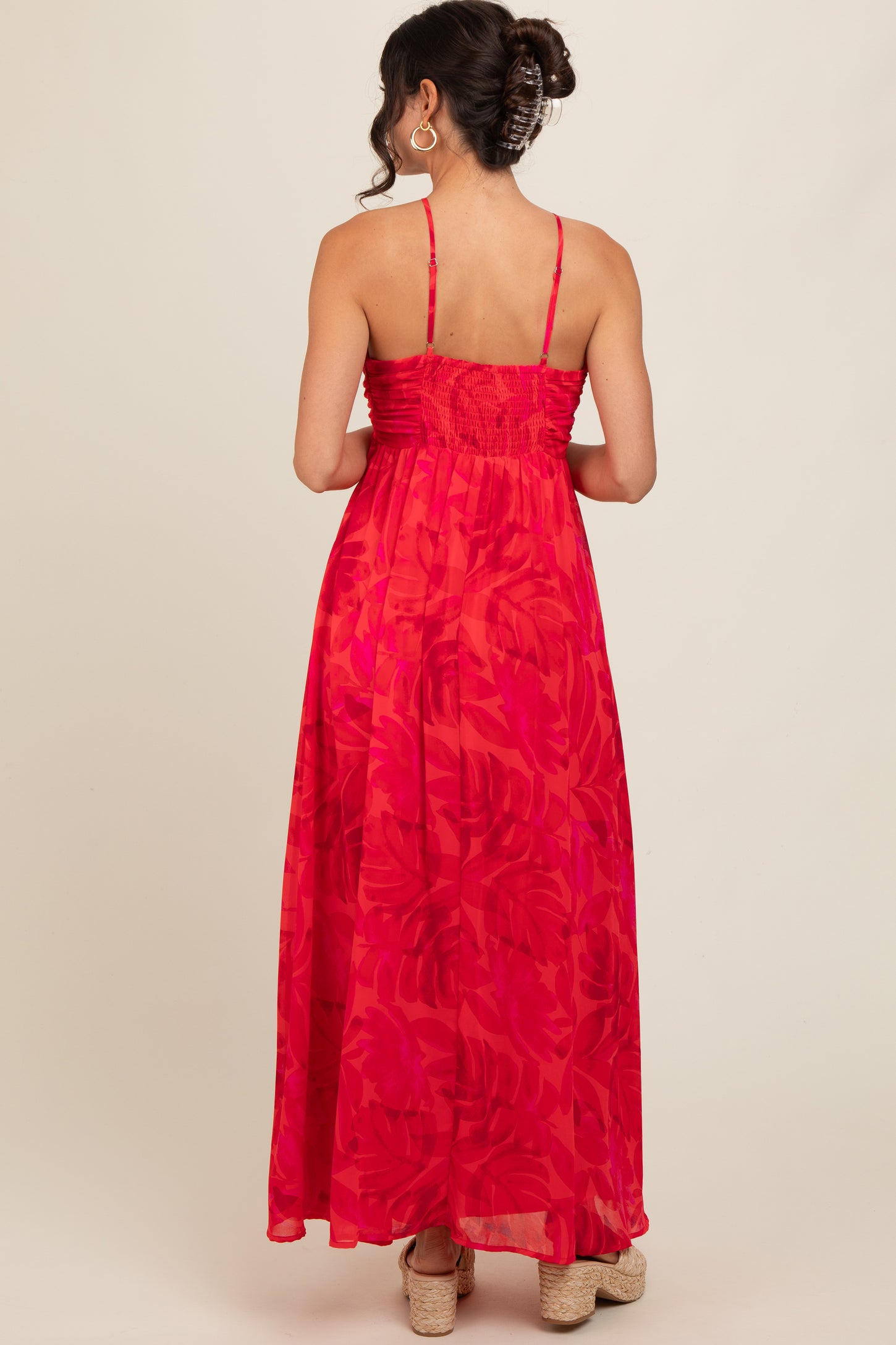 Red Tonal Floral Halter Maxi Dress