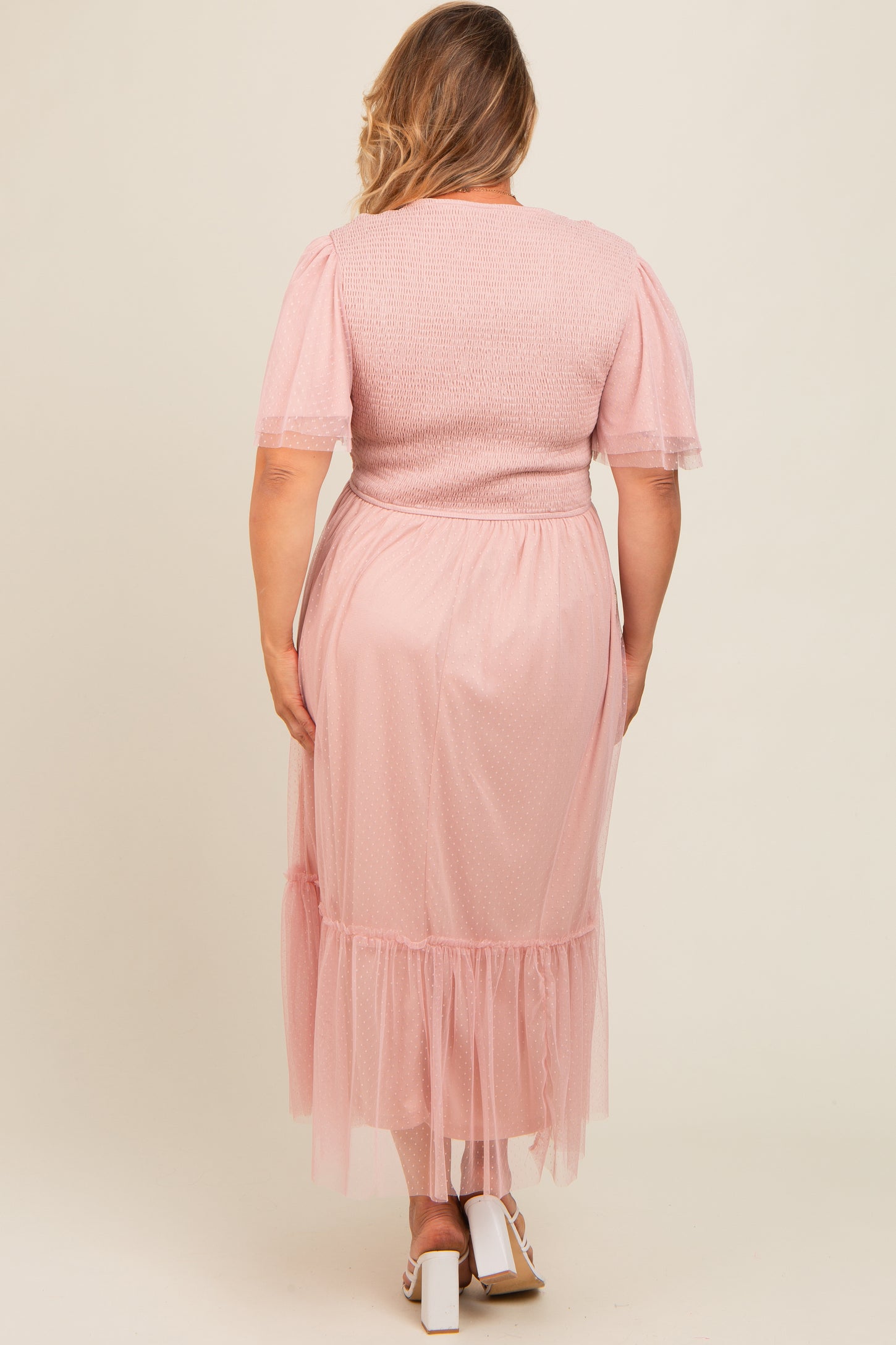 Light Pink Mesh Smocked Plus Maternity Midi Dress