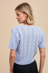 Powder Blue Cable Knit Puff Sleeve Cardigan