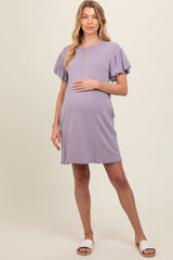 Lavender Gathered Puff Sleeve Terry Knit Maternity Dress