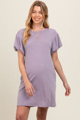Lavender Gathered Puff Sleeve Terry Knit Maternity Dress