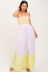 Multi-Color Striped Color Block Shoulder Tie Maxi Dress