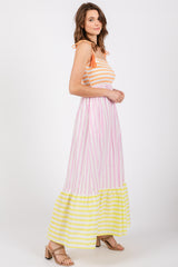 Multi-Color Striped Color Block Shoulder Tie Maxi Dress
