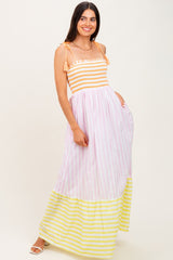 Multi-Color Striped Color Block Shoulder Tie Maxi Dress