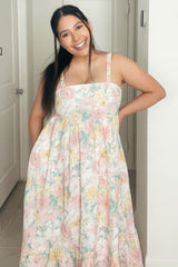 Multi-Color Floral Eyelet Square Neck Midi Dress