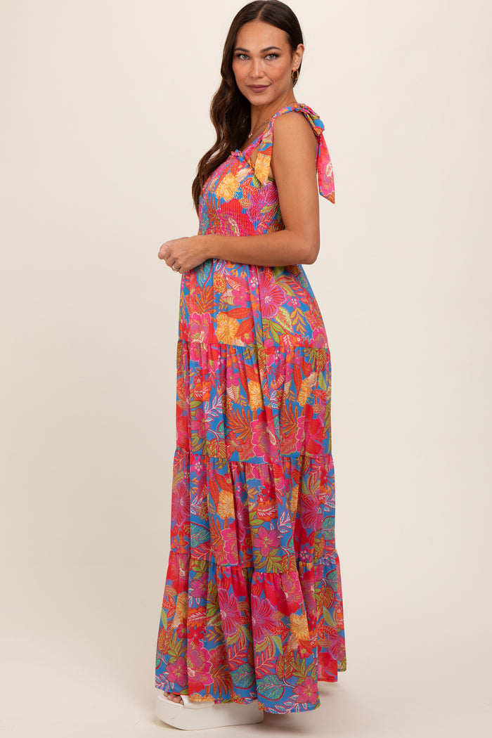 Magenta Floral Shoulder Tier Smocked Maternity Maxi Dress