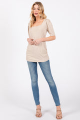 Beige Ribbed Ruched Square Neck Puff Sleeve Top