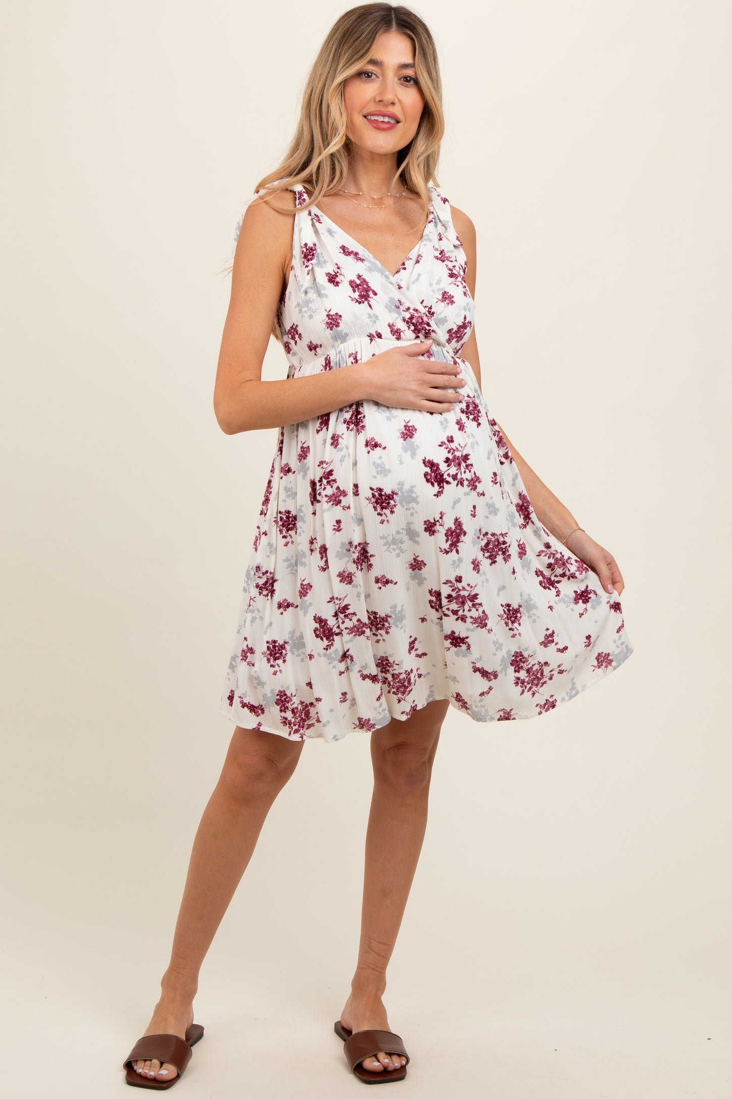 Ivory Mauve Floral Knotted Wrap V-Neck Maternity Dress