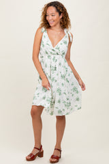 Ivory Green Floral Knotted Wrap V-Neck Maternity Dress