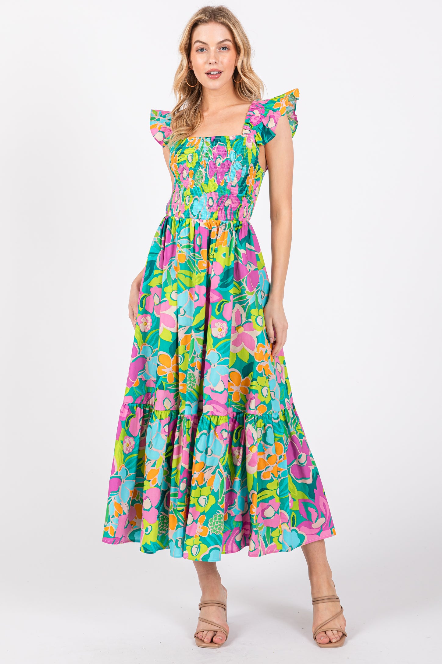 Green Floral Ruffle Shoulder Smocked Maternity Midi Dress