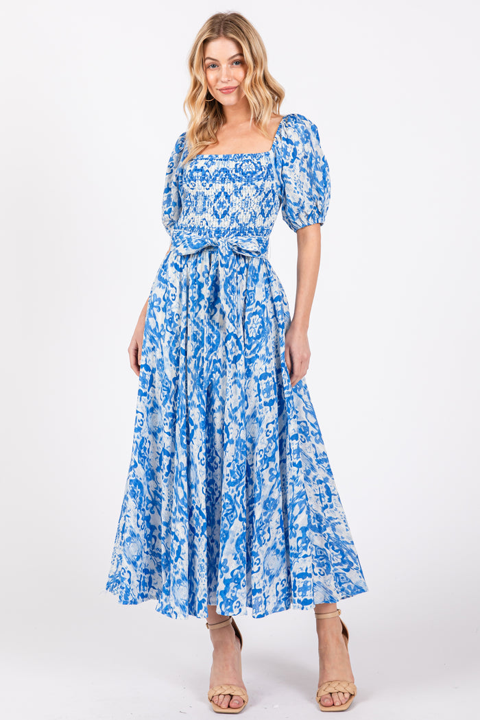 Blue Floral Smocked Short Puff Sleeve Maternity Midi Dress
