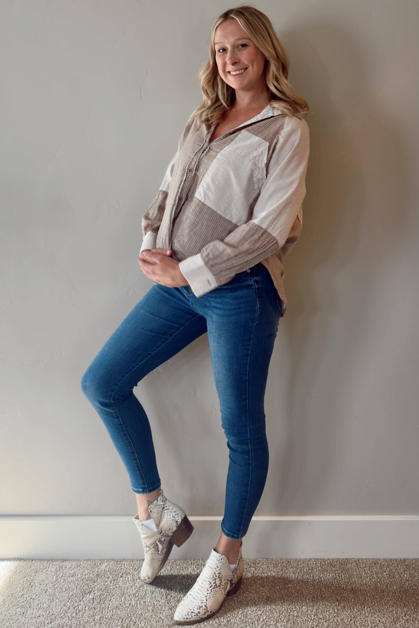 Beige Striped Colorblock Button Up Maternity Top