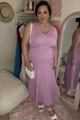 Pink Pleated V-Neck Waist Tie Sweater Maternity Maxi Dress