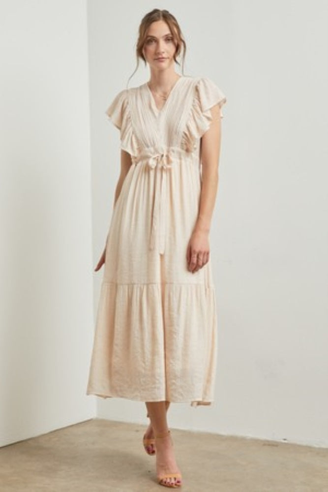 Cream Cuffed Sleeve Front Tie Maxi Dress