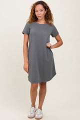 Charcoal French Terry Cuffed Short Sleeve Maternity Dress