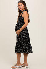 Black Floral Sleeveless Knotted Strap Maternity Dress