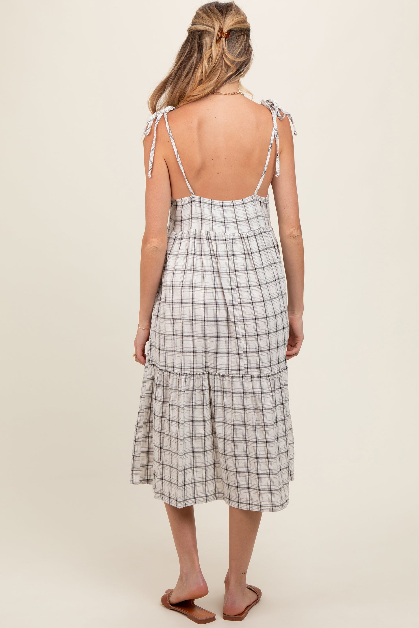 Ivory Plaid Shoulder Tie Maternity Midi Dress